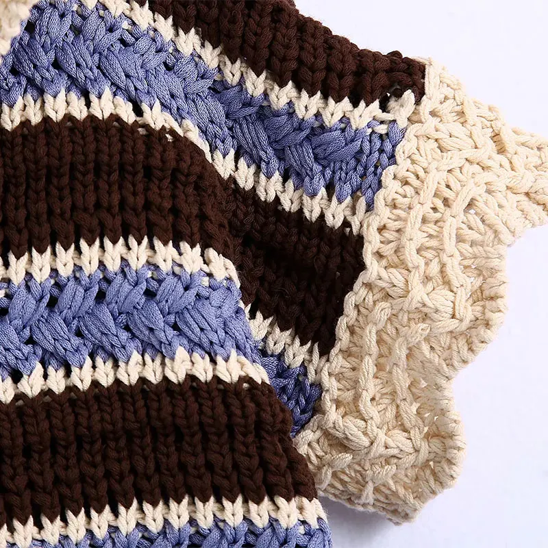 

Za Women's Sweater 2021 Korean Fashion Short sleeve Stripe Knitted Loose Crop Tops Vintage Ladies Hooded Sweaters Chic Clothing