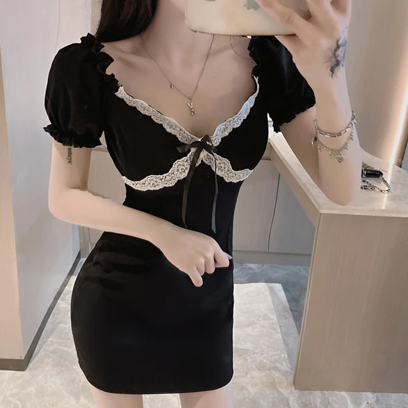 

Sexy Dress Women Summer Lace Trim Ribbon Bow V-neck Puff Sleeves Stretchy Slim Black Mini Y2k Dress
