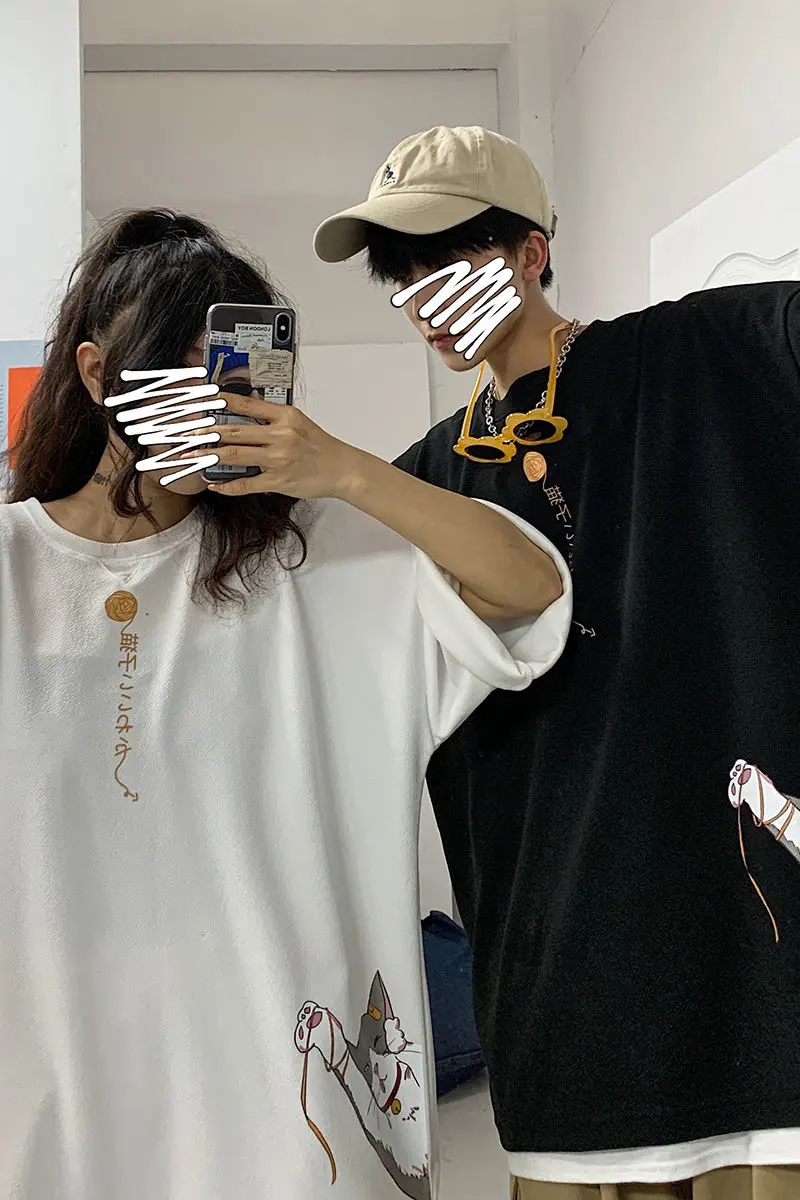 

2020 Summer New Youth Popular Loose Loose Loose Large Size Cartoon Printed 3/4 Sleeve T-shirt Fashion Casual Round Neck Pullover