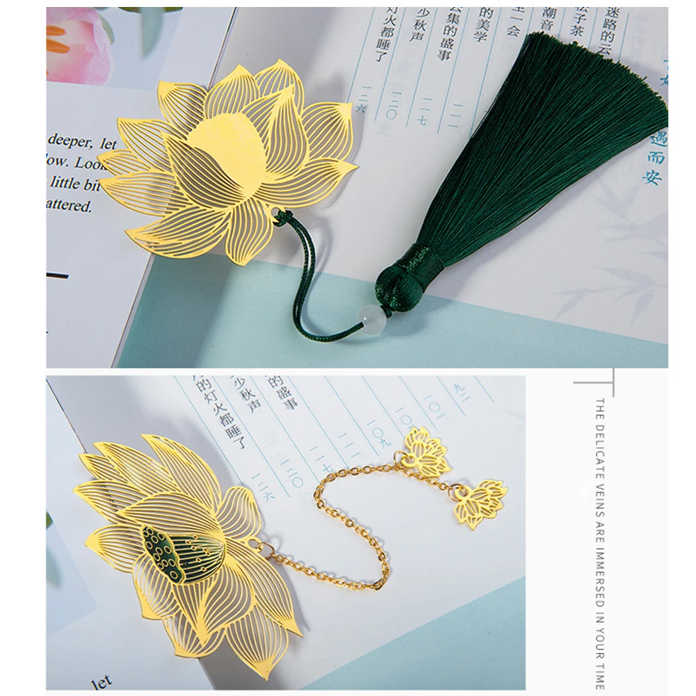 Color Lotus Tassel Bookmark Chinese Retro Style Brass Creative Flower Specimens Book Mark Stationery School Office Supply |
