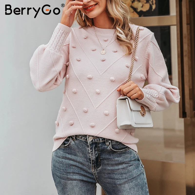 BerryGo Элегант вязаный помпон женский свитер джемпер Элегантный меховой O-образным
