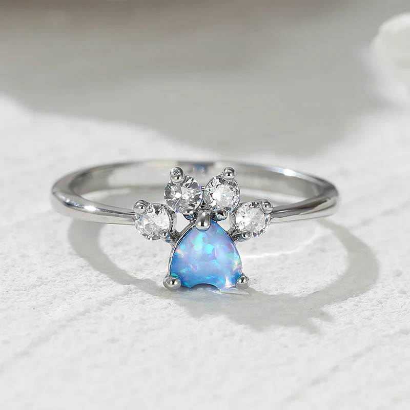 

1.8MM Blue Opal Cat Paw Ring for Women Silver Color Cute Fashion Stacking Thin Ring Bridal Wedding Engagement Ring Jewelry Gift