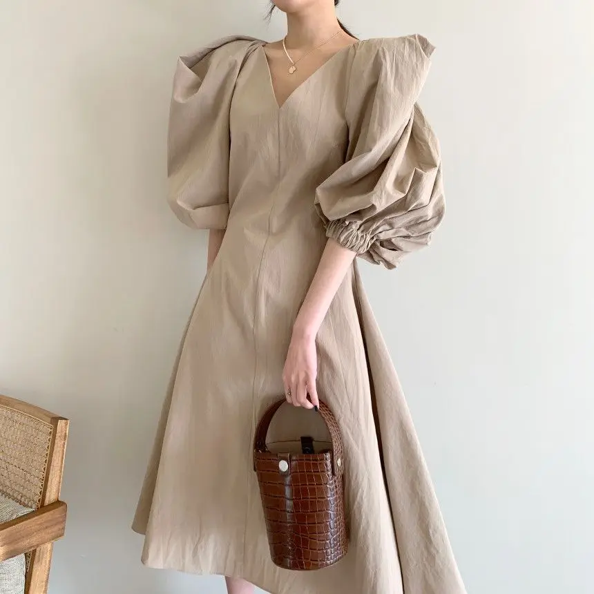 

Yitimoky White Dress for Women V-Neck Half Sleeve Clothing Korean Chic Fashion Casual Cotton Dress Loose Style Summer New Khaki