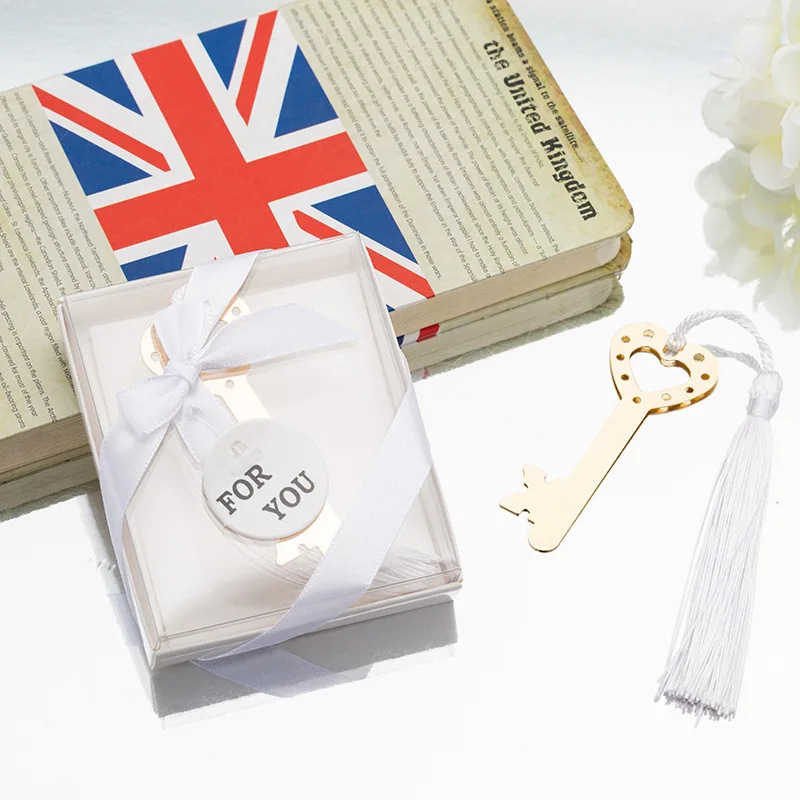 

20pcs Hollow Key Gold Metal Bookmark White Tassels For Wedding Christmas Baby Shower Party Birthday Favor Gift Souvenirs