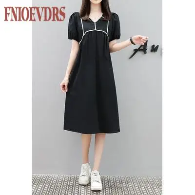 

Plus Size 5XL 4XL Clothes Summer Casual Loose Patchwork Black Bow Tie Cotton Blend Dress J111