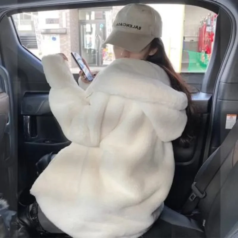 High Quality Quilted Thick Furry Coat Female Autumn And Winter Lamb Plush Imitation Mink Rex Rabbit Fur Coat Women Hooded Jacket images - 6