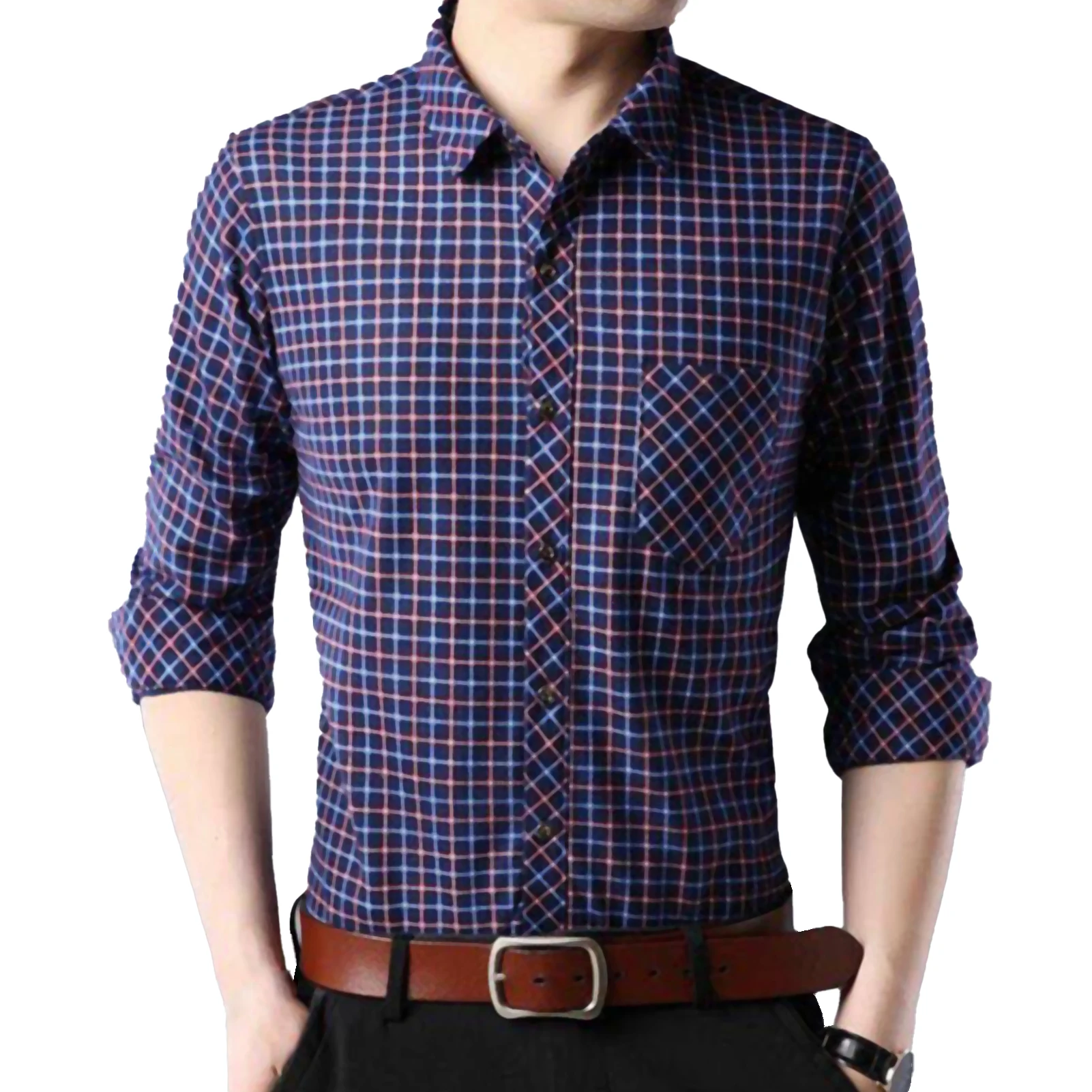 

Men Autumn Long Sleeve Single-breasted Turn Down Collar Plaid Slim Shirt Top