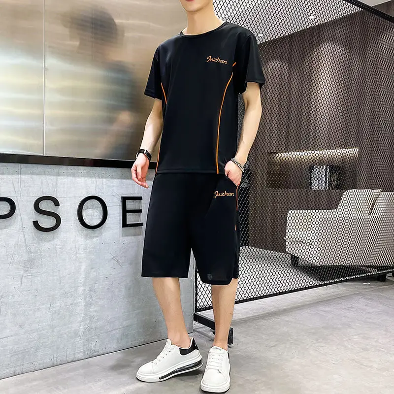 

Short sleeve shorts men's summer 2021 new ice casual sports suit trendy short sleeve shorts suit