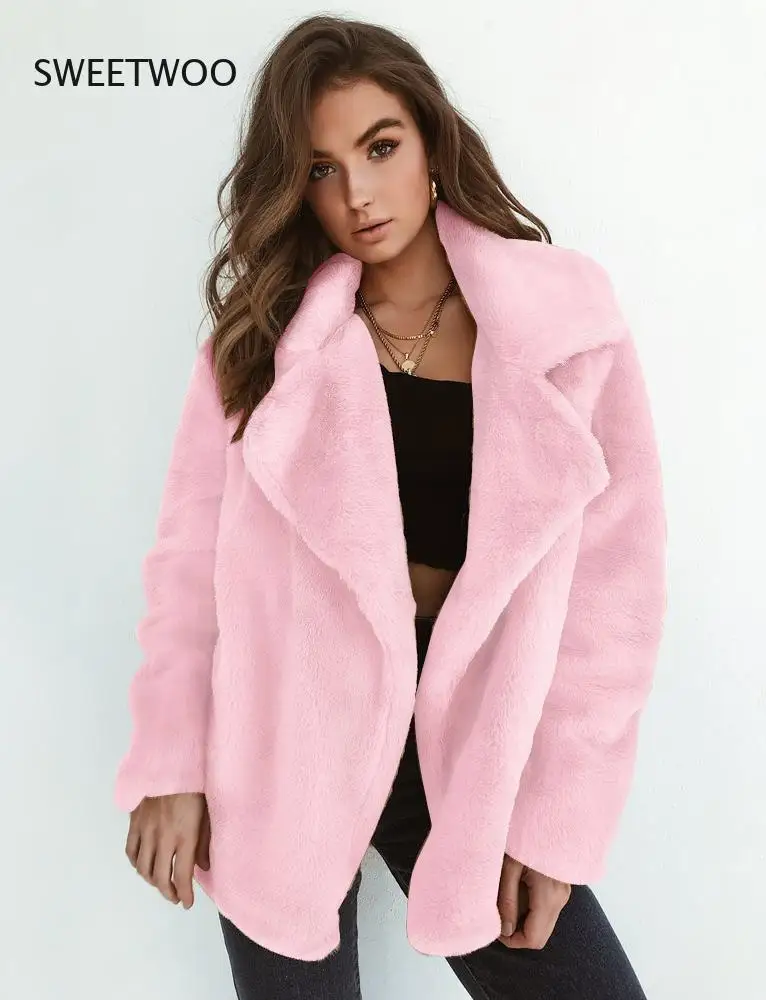 Popular Women Winter Plush Coat Soft Women Fur Jackets Turn Down Collar Warm Outwear Casual Female Pink Black Light Brown Coats