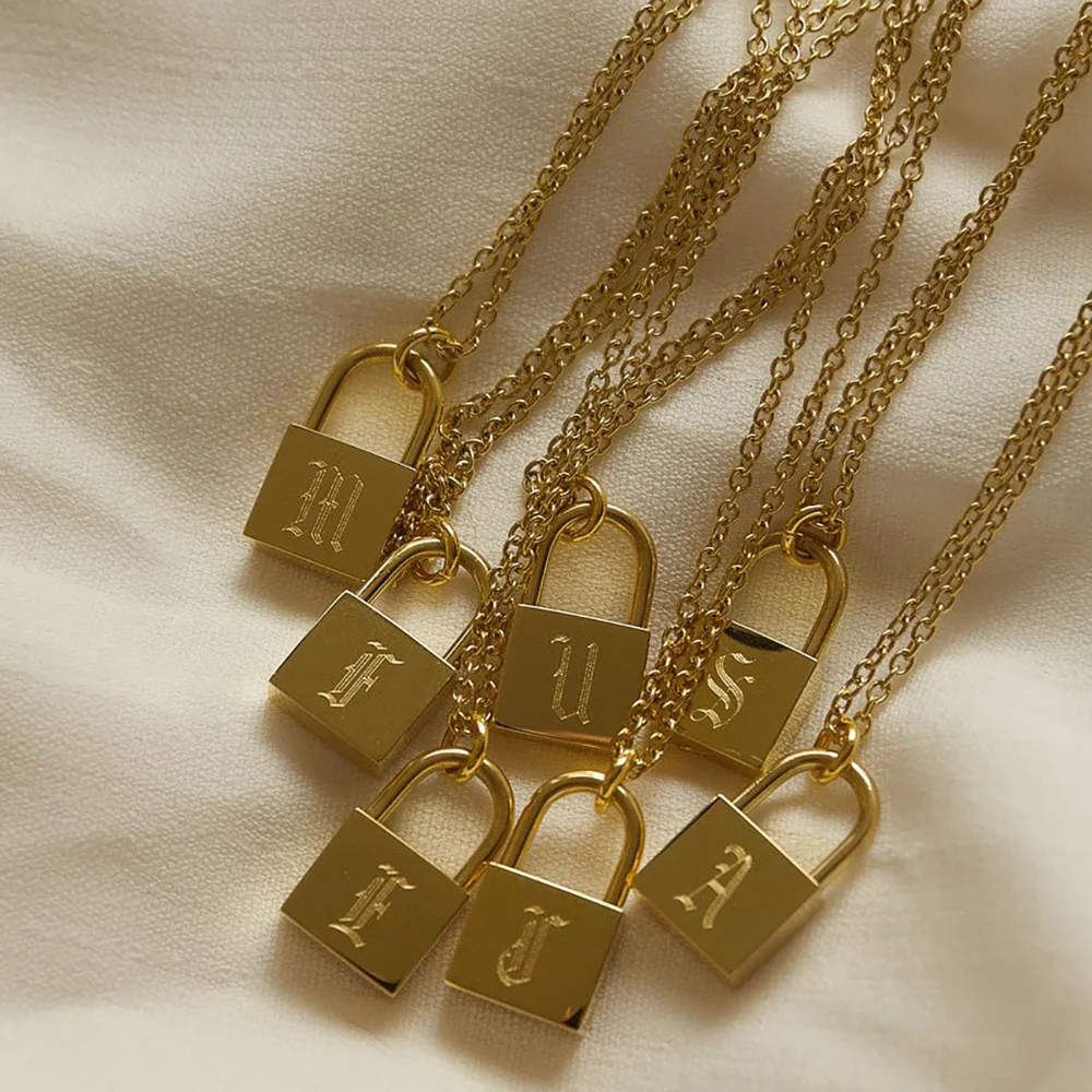 

Gifts for Women 2021 Stylish Ancient English Engraved Gold Plated Stainless Steel Small Lock Pendant Necklaces for Female