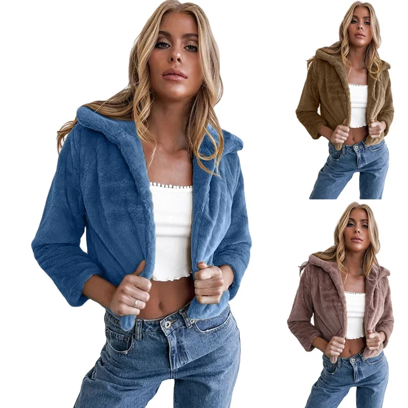 

2021 Autumn Winter Women's New Cardigan Lapel Plush Slim Jacket Women Short Coat Sexy Fashion Clothes Long Sleeve Casual Tops