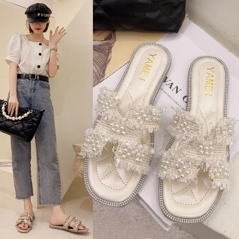 

Women's 2021 Summer Flat All-Match Pearl Sandals Seaside Beach Shoes Casual Women's Shoes