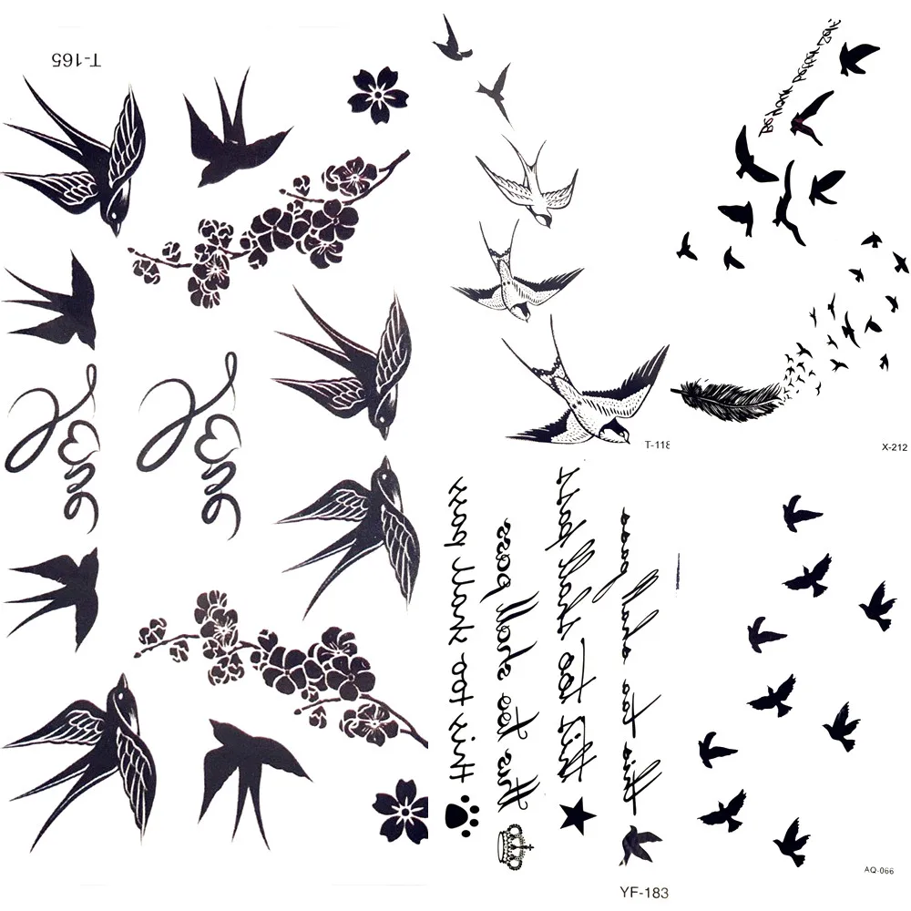 

Cute Swallow Bird Feather Temporary Stickers Flower Branch Letter Water Transfer Tattoo Women Body Chest Arm Art Tattoo Men Hand