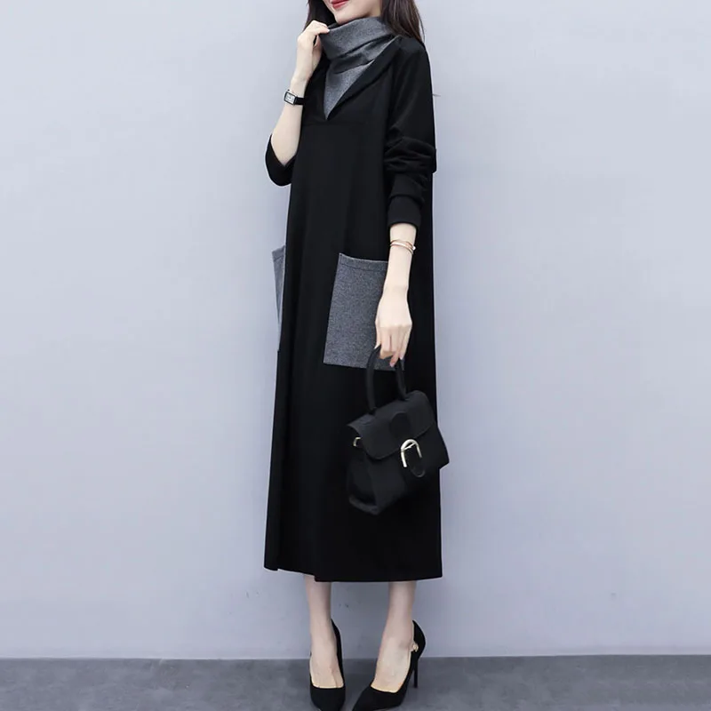 2019 Новое Женское осеннее и зимнее Свободное длинное платье большого размера с