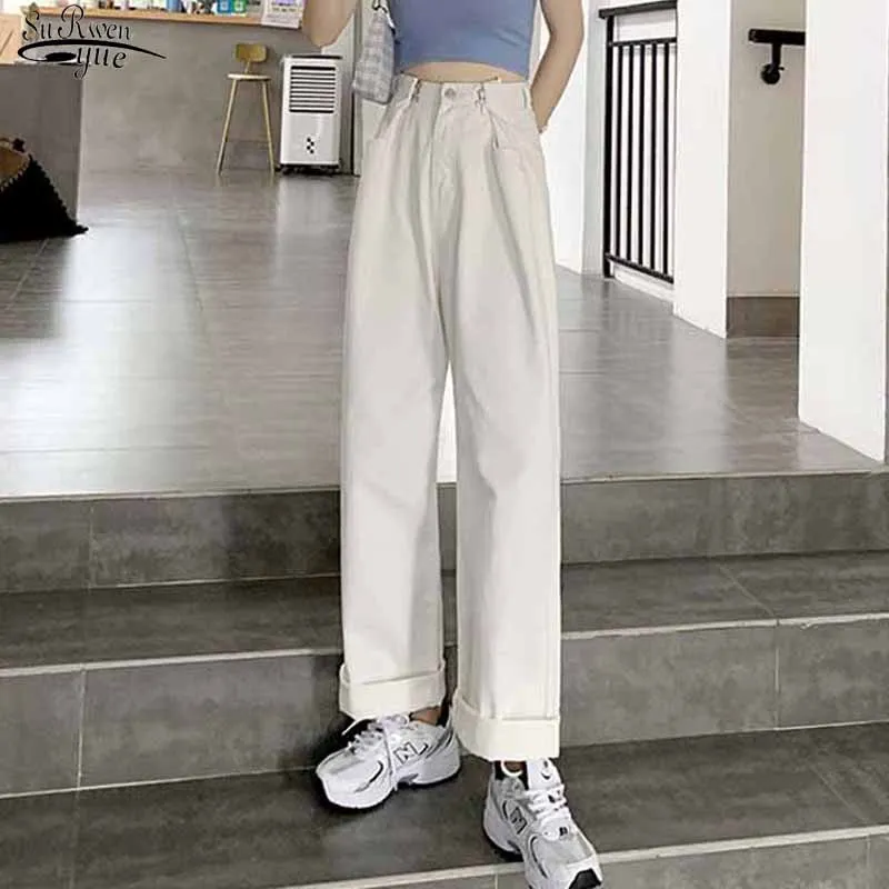 

2021 Spring Wide-leg Solid White Jeans High-waist Denim Trousers Fashion Loose Pleated Jeans Woman with Chic Button 11477