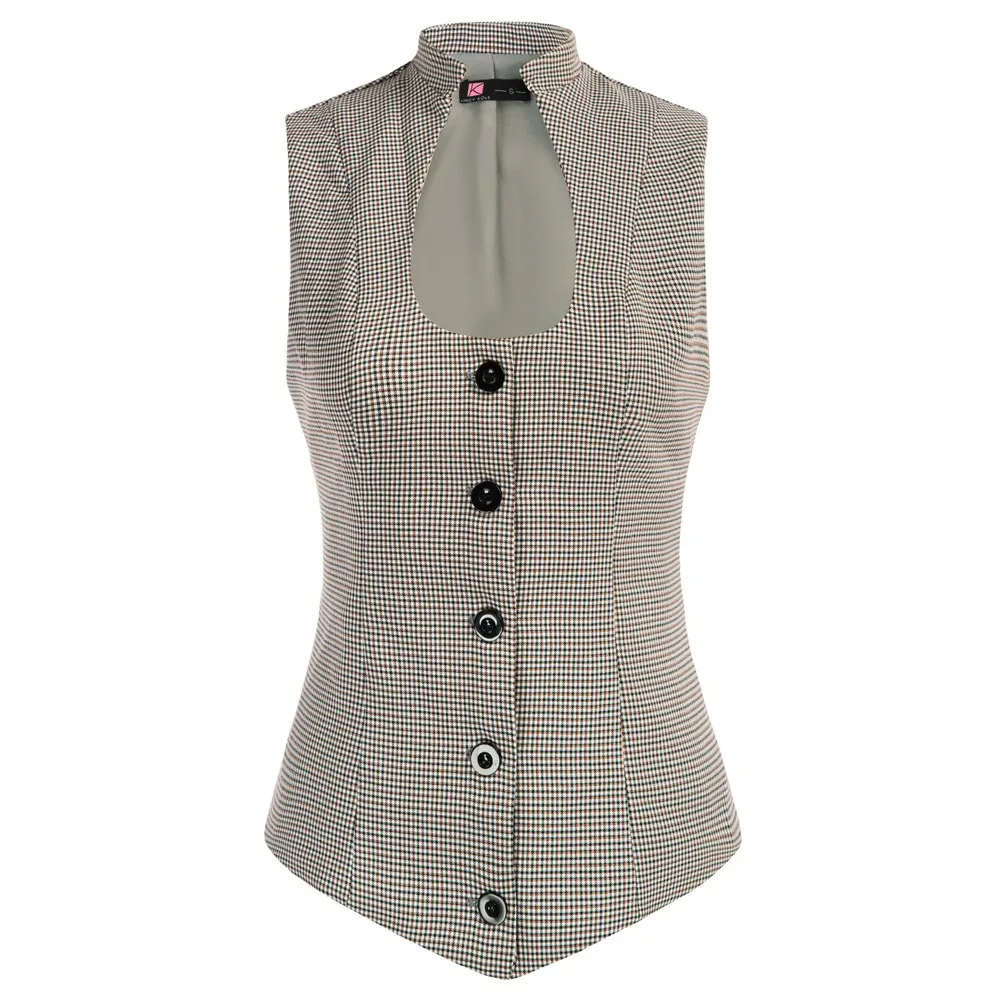 

Women Jacquard Vest Coat Sleeveless Stand Collar U-Neck Button Placket U-neck Jacquard Waistcoat Lining Button Square Buckle