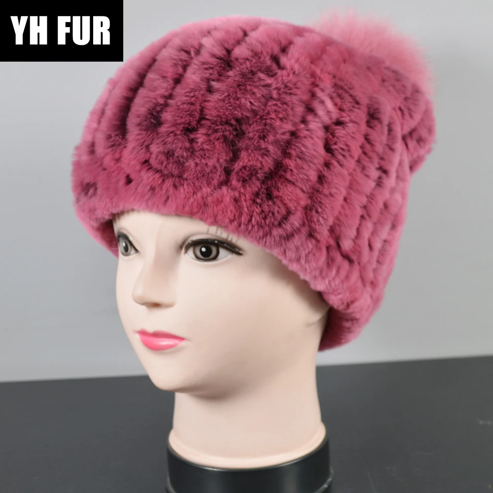 Зимние натуральный настоящий мех кролика шапка для женщин на резинке отделка из