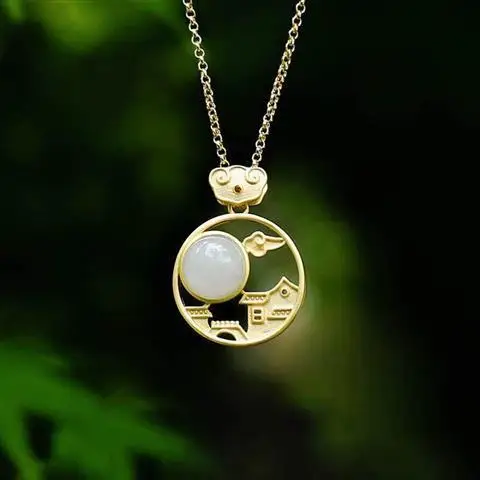 

[Poetry] Natural Hetian Jade White Jade White Jade Ancient Style Pendant 925 Sterling Silver Jade Silver Necklace Classical