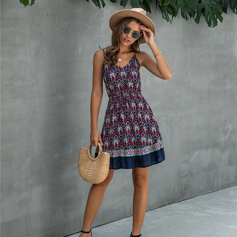 

Bohemian Fashion Women Print Mini Dress 2020 Summer Sexy Backless Spaghetti Straps Dress