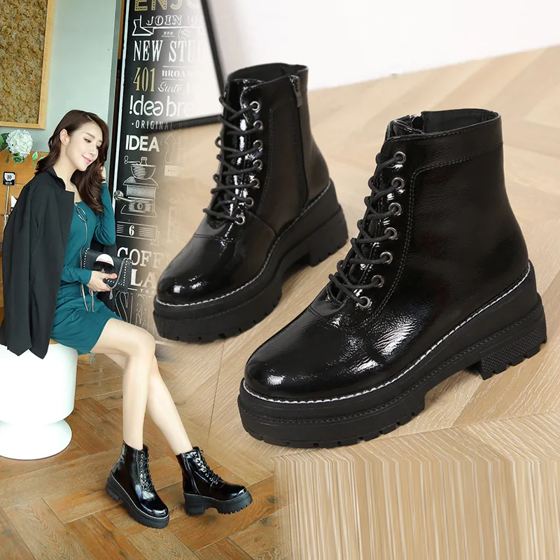 2019 г. Женские мотоциклетные ботинки на платформе и высоком каблуке короткие