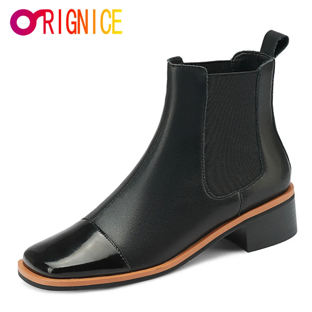 

Orignice Genuine Leather Autumn Winter Women Chelsea Ankle Boots Elegant Square Toe Thick High Heels Zipprt Dancing Party Shoes