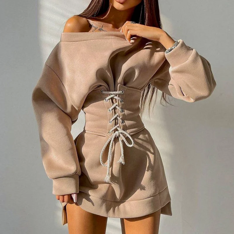 

Ladies Elegant Solid Color Elastic Waist Lace-up Dress Ladies Casual O-neck Sweatshirt Ladies Winter Long-sleeved Dress Vestidos