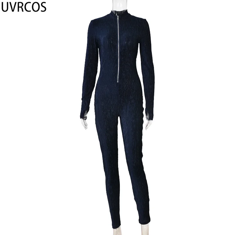 

UVRCOS Club Outfits For Women Streetwear Jumpsuit 2021 New Fashion Chest Zipper Fitness Overalls Velour Skinny Casual Sweatsuit