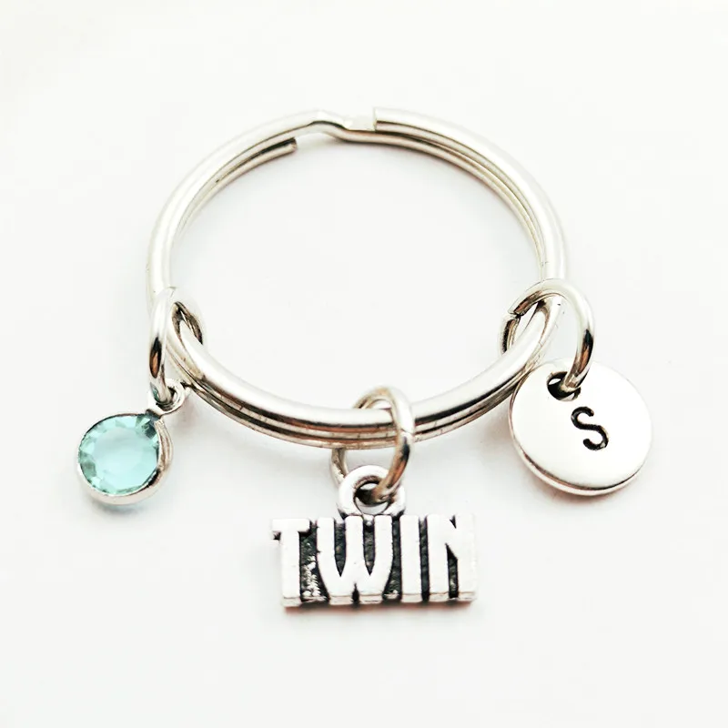 

Twin Family Creative Initial Letter Monogram Birthstone Keychains Keyrings Fashion Jewelry Women Gifts Accessories Pendant