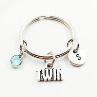 twin family creative initial letter monogram birthstone keychains keyrings fashion jewelry women gifts accessories pendant