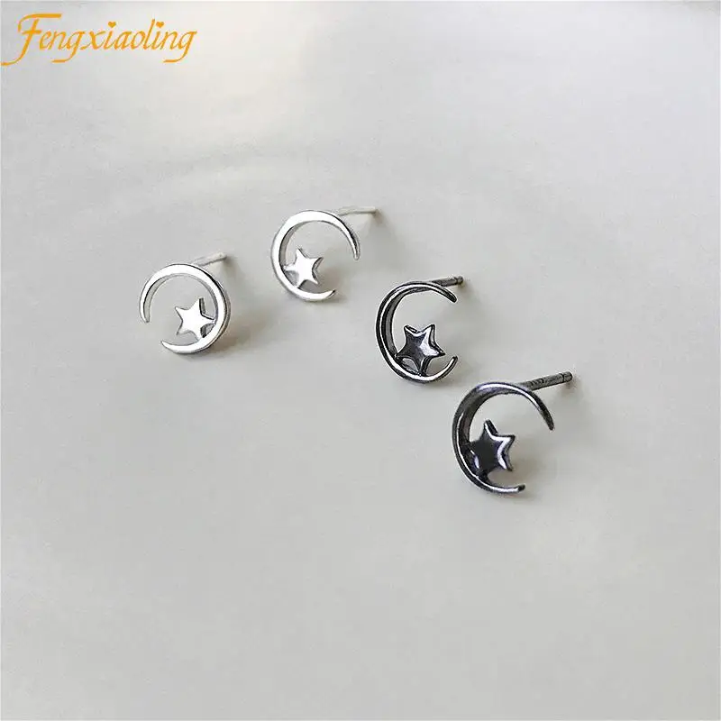 

Fengxiaoling 2021 New Fashion Mini Star Earrings For Women 925 Sterling Silver Small Moon Stud Earrings Fine Jewelry Accessories