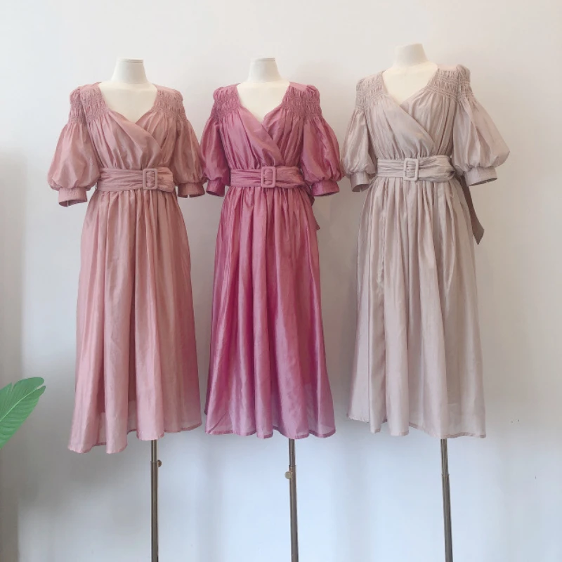 

Heavy Work Temperament Dress Women High Waist Hip A Line Long Vestidos V Neck Puff Short Sleeve Robe Summer 2021 New