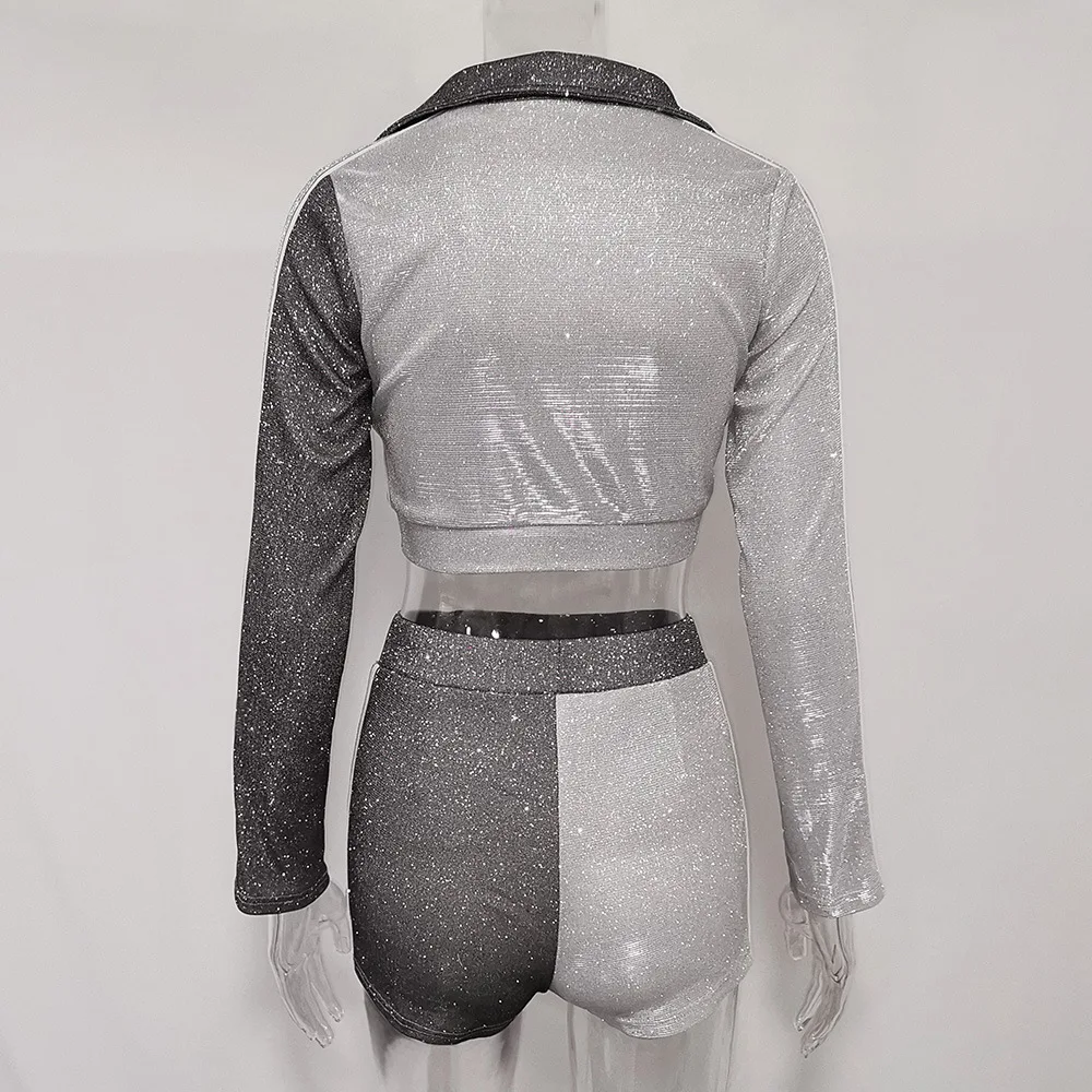 

Patchwork Long Sleeve Crop Top and Shorts Sets Sparkle Daily Outfit Lounge Wear Glitter Sexy 2 Piece Set Tracksuit Plus Size XL