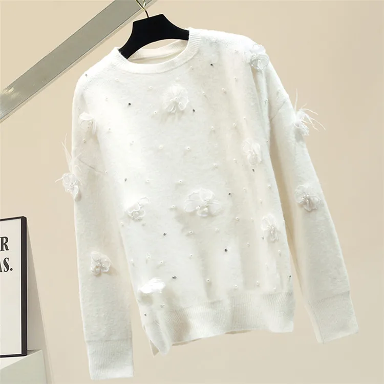 

Beads Pullover Sweater Woman 2020 Loose-Fitting Outerwear Flower Feather Knit Top Lady's Solid Color Sweaters Pull Femme