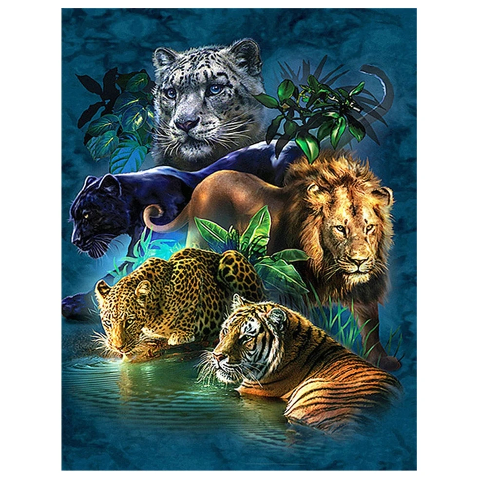 

Embroidery DIY 5D Diamond Painting Cross Stitch Drill Tiger Lion Face & Flowers Picture of Rhinestones