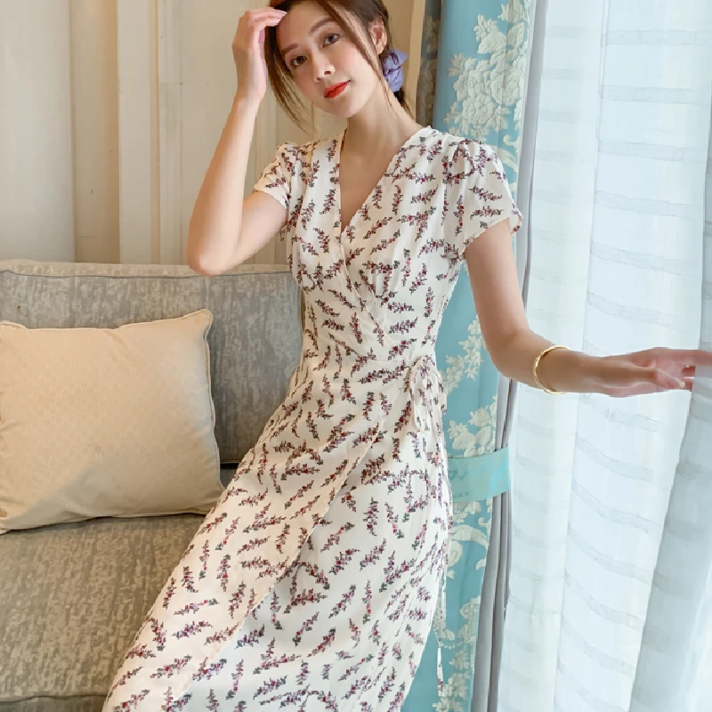 

Long Apricot Chiffon Floral Dress Boho Retro Tropical Beach Vacation Dresses Women Summer 2021 Runway Elegant Korean Party Dress