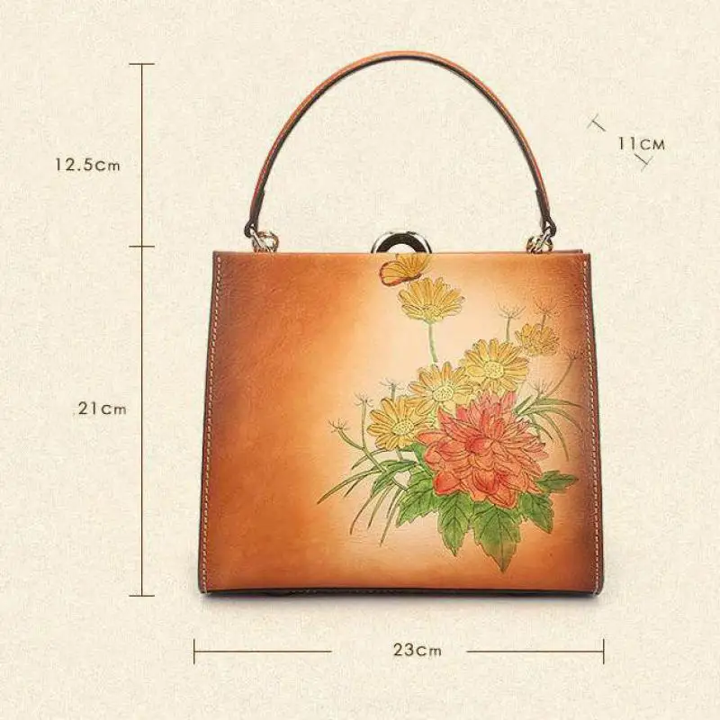 

Bestform Genuine Leather Women Bag 2021 New Retro Hand Painted Handbag First Layer Cowhide Floral Luxury Lady Shoulder Bags