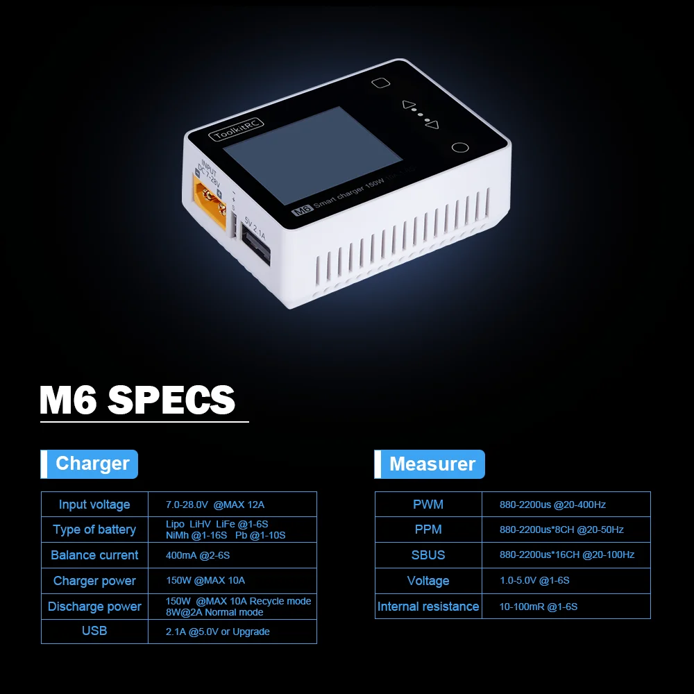 ToolkitRC M6 зарядное устройство для баланса батареи 150 Вт 10A DC Dis зарядное устройство для 1-6 S Lipo LiHV Life Lion NiMh Pb клеточный тестер для проверки сервопривода