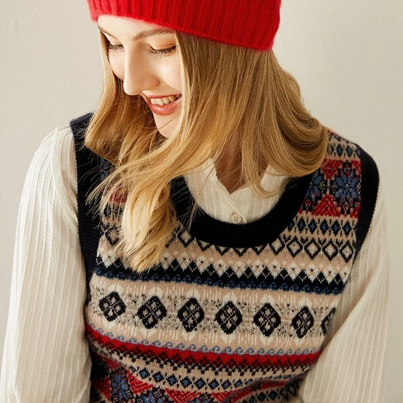 

Vintage Pattern National Style Warm Pure Cashmere Vest Women's 2020 New Style for Autumn Winter Knitted Wool Printed Waistcoat