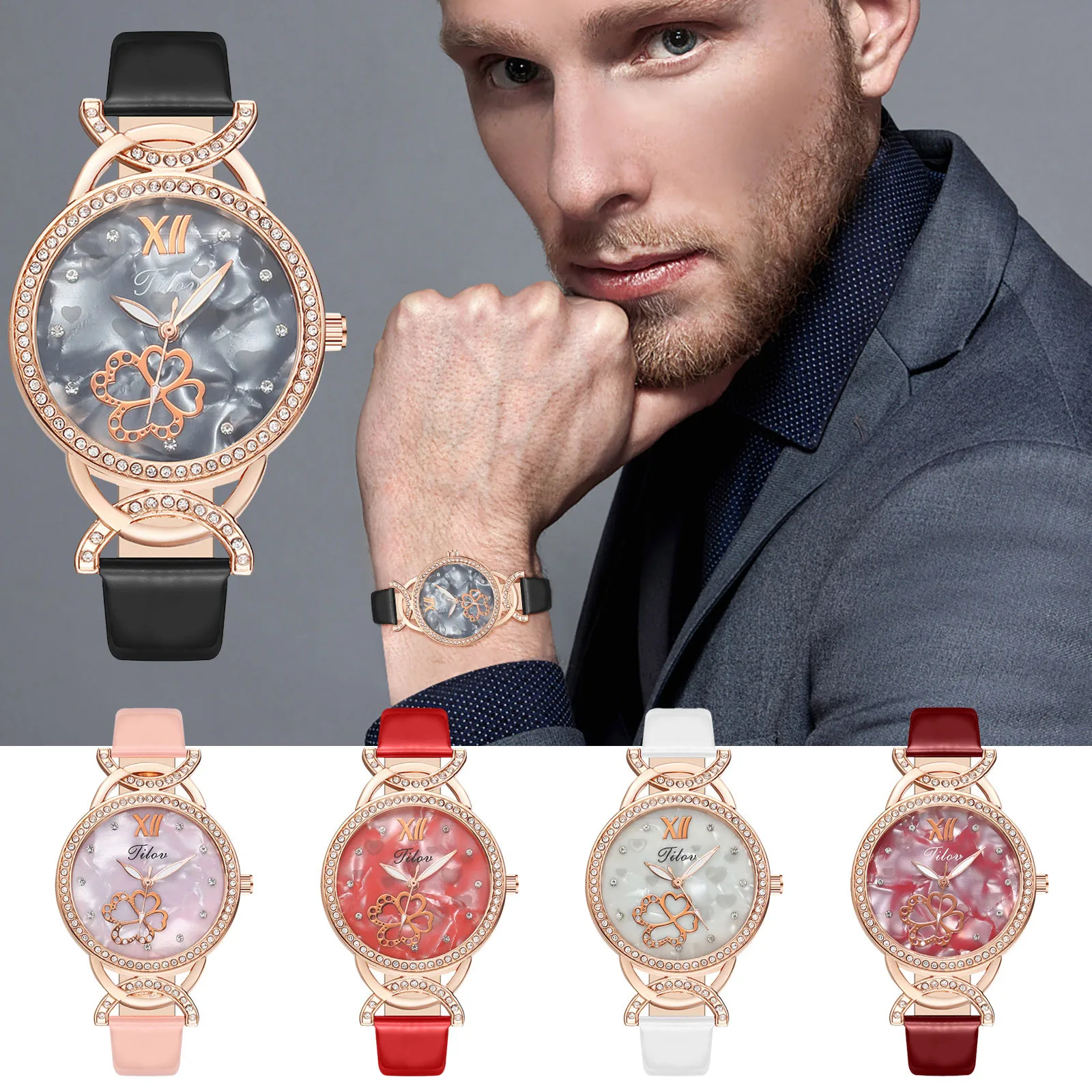

Luxury Watch Four-leaf Clover Printed Diamond Watch Large Dial Leather Belt Unisex Wild Bracelet Wristwatch Girl Clock GiftReloj