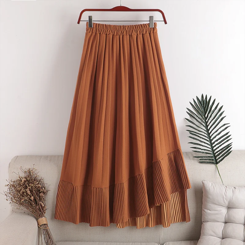 

Elastic Waist Stitching Asymmetric Pleated Skirt Women's Autumn And Winter New High Waist Show Thin Skirt