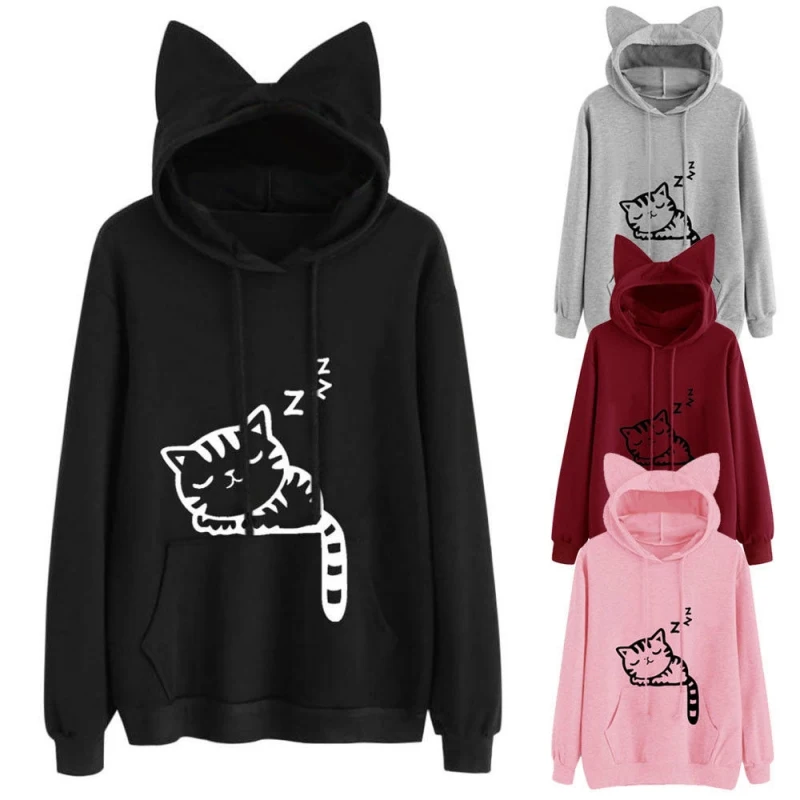 Модные женские толстовки с длинным рукавом и принтом кота, пуловеры, осенне-зимние толстовки с капюшоном и кошачьими ушками, топы