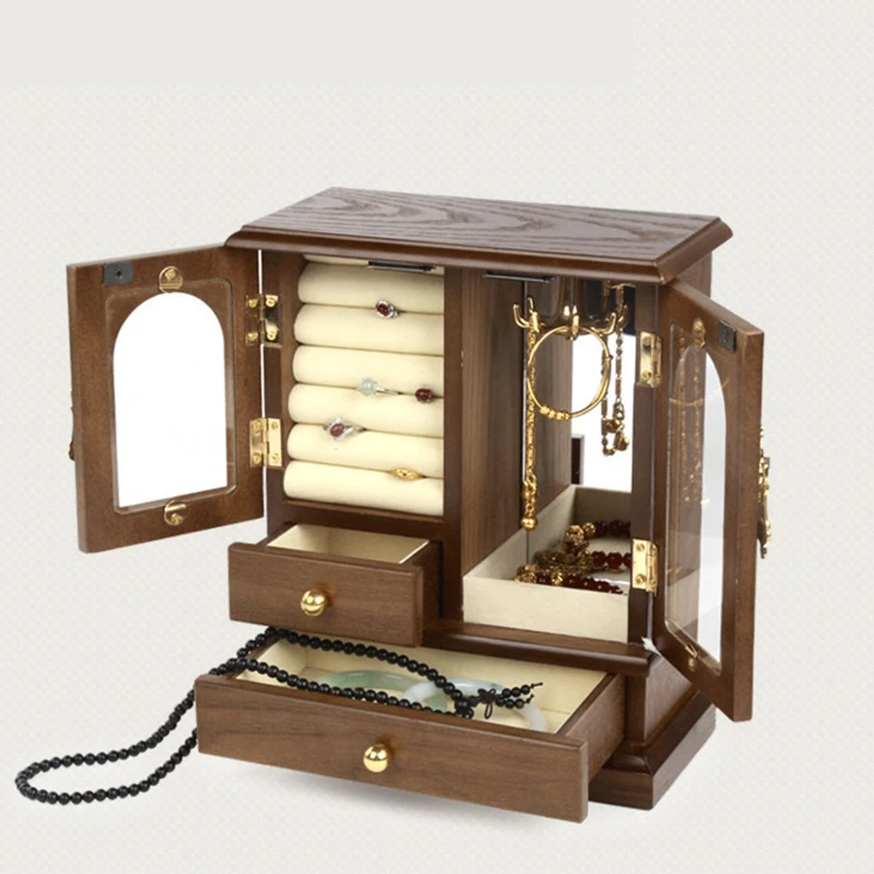 

Vintage Wooden Jewelry Box Necklace Ring Earrings Container Solid Color Creative Storage Case 634C