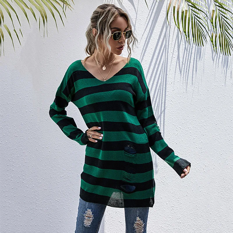 

Linchen Ripped Fashion Top Long-Sleeved Hollow Striped Knitted Sweater Women Autumn And Winter Thin 2021 New O-Neck Pullover