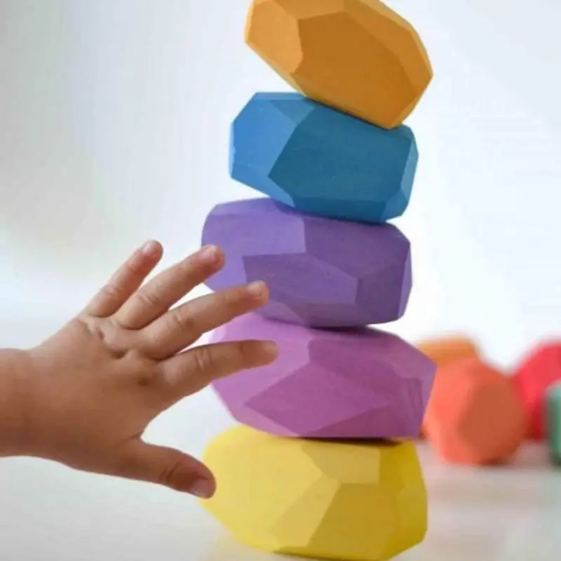 

16 Pcs Children Wooden Colored Stone Stacking Game Building Block Education Toy F3ME