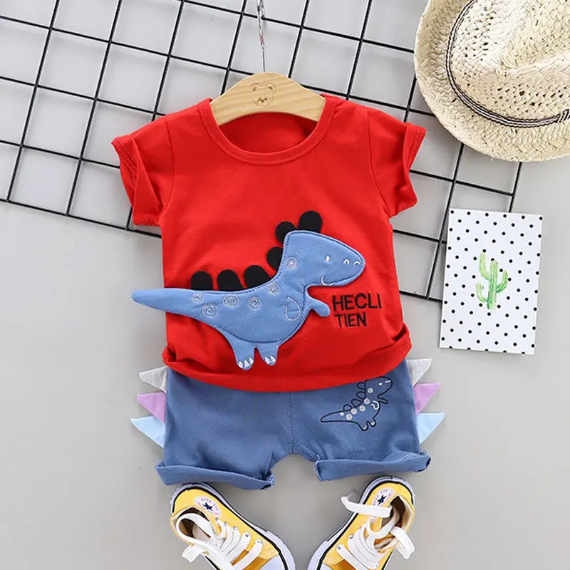 Hot Sale Brand Boys Clothing Children Summer Clothes Cartoon Dinosaur Kids Boy Set T-shit+Pants Cotton |