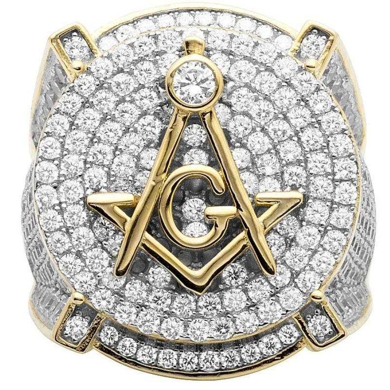 

Vintage Zircon Brass Gold Color Freemason Male Rings Classic Punk Style Masonic Jewelry