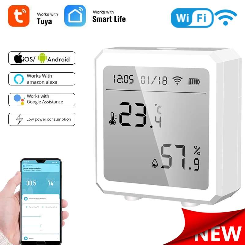 

Wifi+Bluetooth Tuya Smart Temperature And Humidity Sensor Can Be Connected To Hotspots With Alarm Function Support Smart Life