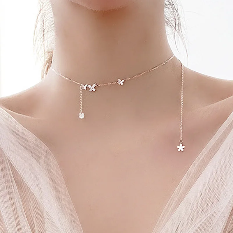 

MEYRROYU Sterling Silver Glossy Butterfly Long Tassel Necklace Sweet Romantic Clavicle Chain Adjustable Jewelry Gift For Women