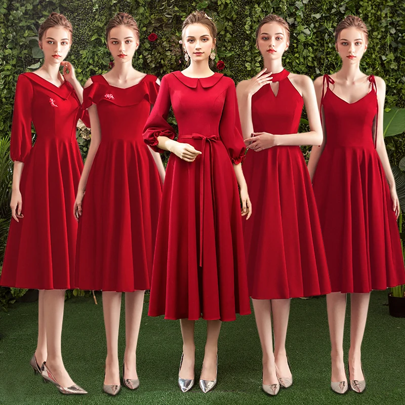 

Bridesmaids Dresses Vintage Sleeveless Halter Knee-Length Jersey Luxury Burgundy A-Line Elegant Women Wedding Party Gown E702