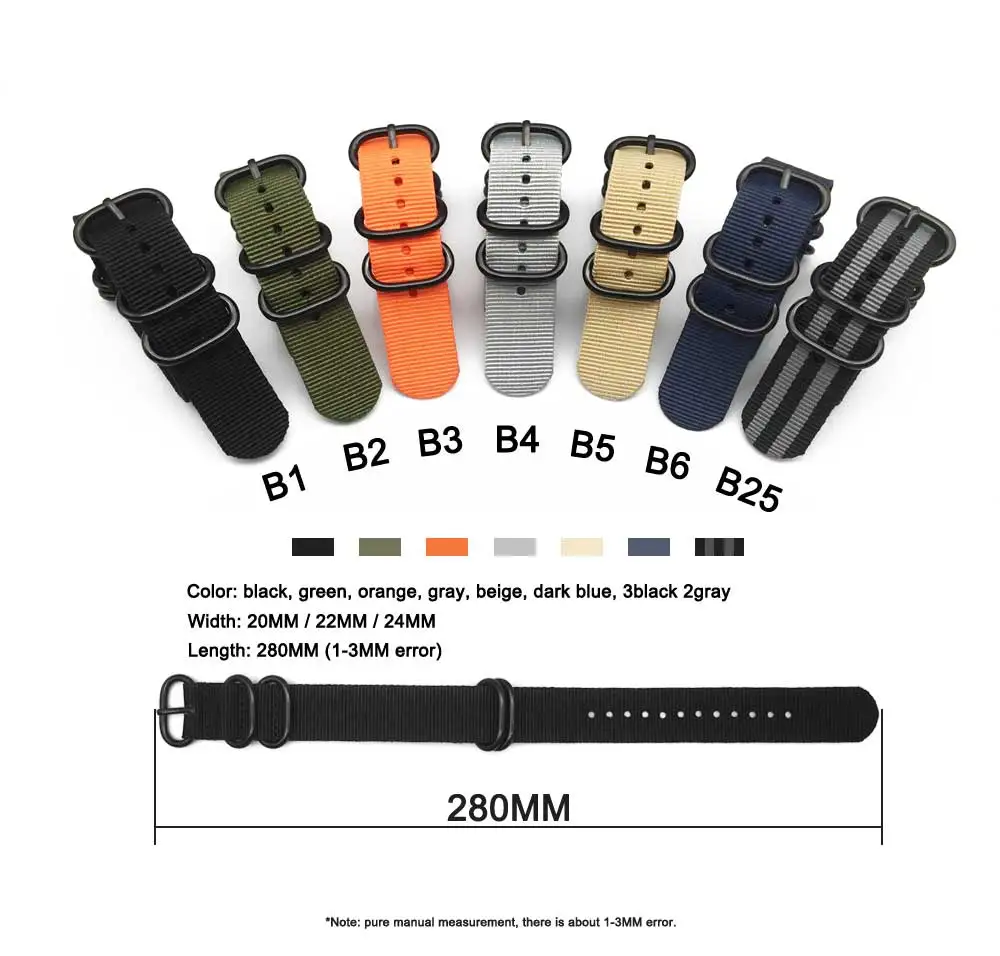 NATO Watchband Nylon Strap Black Ring Buckle 18mm 20mm 22mm 24mm Striped Replacement Band Waterproof strap Watch Accessories